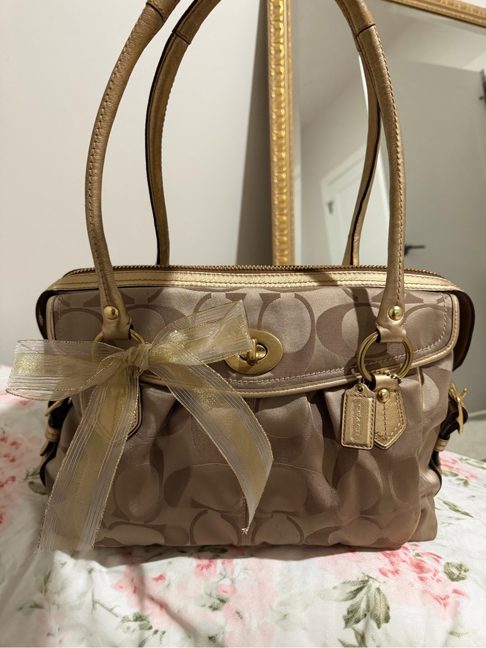 Coach Satin Signature Satchel in Champagne Gold